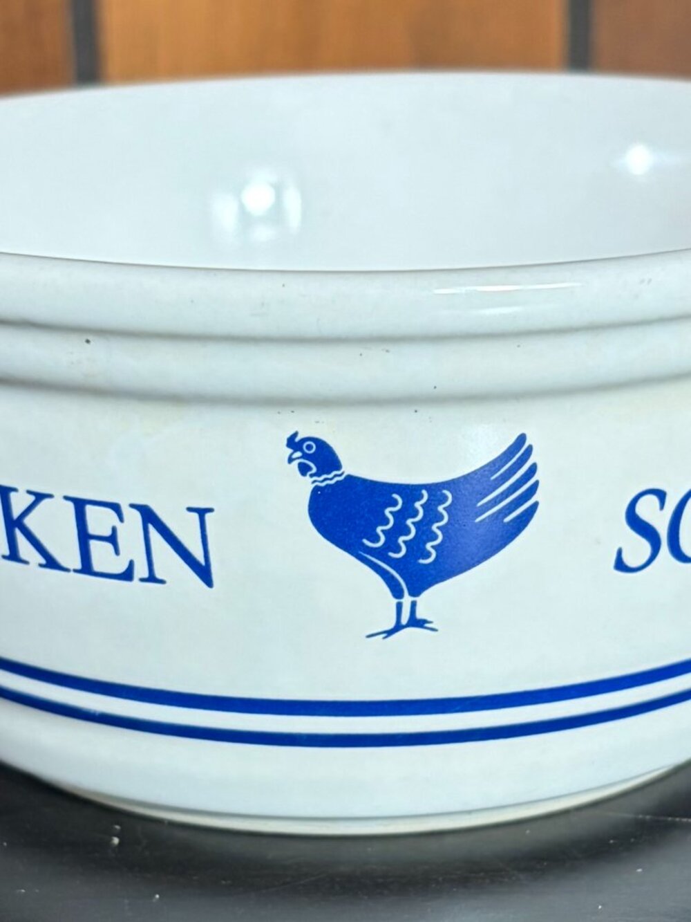 Vintage 1985 Chicken Soup Bowl FTDA Korea Farmhouse Rooster Blue White - EUC